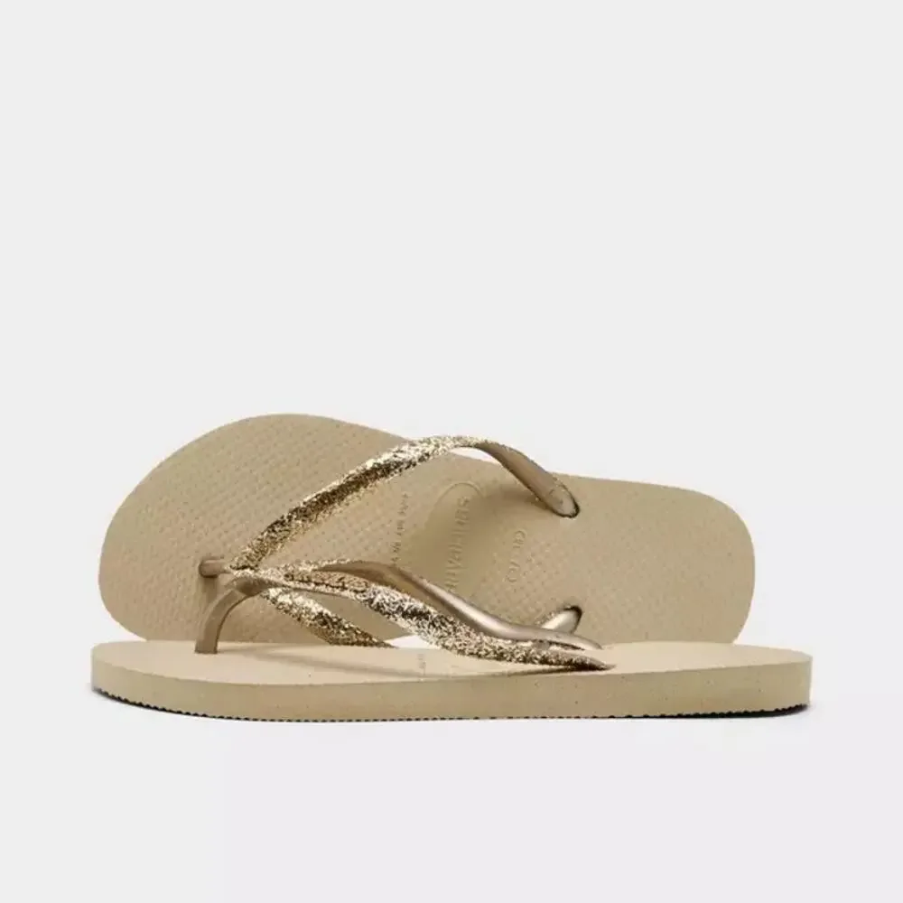 Havaianas Kids Slim Glitter II Sand Grey Flip Flops 3/4Y Gold Straps NWT